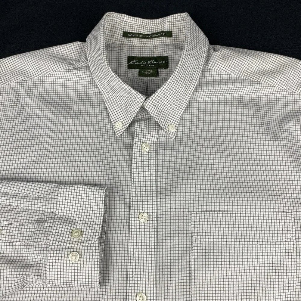 Eddie Bauer Shirt Mens XLT White w/Gray Checks Relaxed Fit Wrinkle Resistant